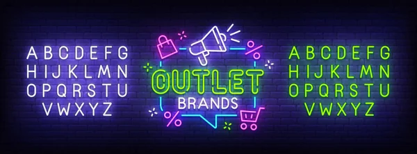 Outlet neon znak, szyld jasne, lekkie transparent. Outlet logo, godło i etykiety. Neon znak Stwórcy. Edytuj tekst Neon — Wektor stockowy