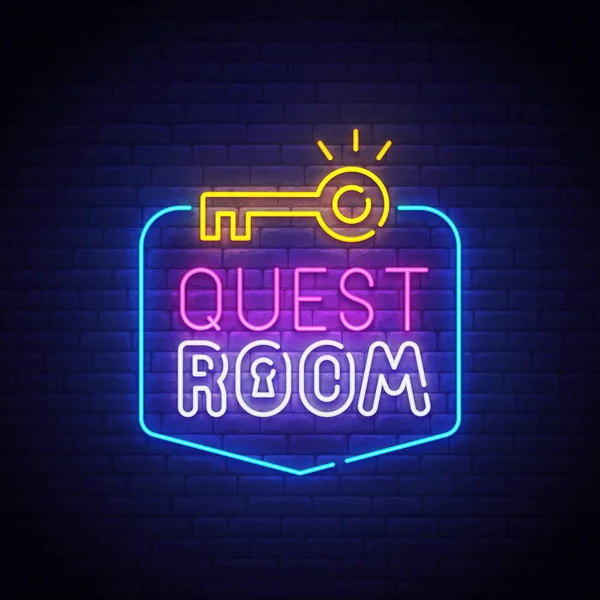 Quest Room letrero de neón, letrero luminoso, banner de luz. Logotipo de Escape Room neón, emblema. Ilustración vectorial — Vector de stock