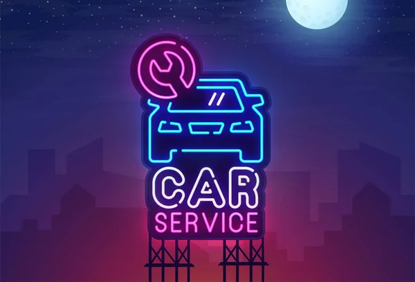Noc miasto. Neon znak. Car Service billboard. Szyld jasne, lekkie transparent. Logo serwisu samochodów. Ilustracja wektorowa — Wektor stockowy