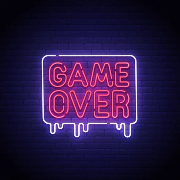 Herní okno. Game Over neonový nápis, světlé vývěsní štít, lehké nápisu. Konec hry neon logo, emblém. Vektorové ilustrace — Stockový vektor