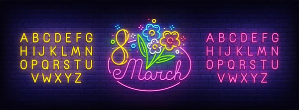 8. März Leuchtreklame, helles Schild, Lichtbanner. Frauentag-Logo, Emblem und Etikett. Leuchtreklame-Schöpfer. Neon Text bearbeiten — Stockvektor