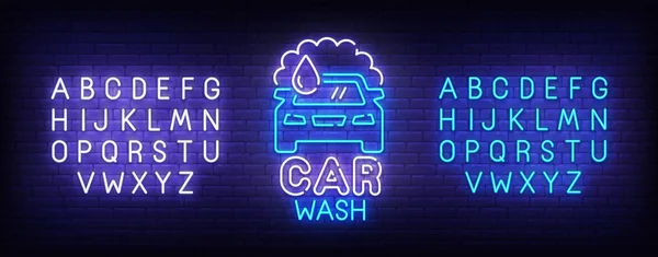 Car Wash letrero de neón, letrero brillante, banner de luz. Logo, emblema y etiqueta de Car Wash. Creador de signo de neón. Edición de texto neón — Archivo Imágenes Vectoriales