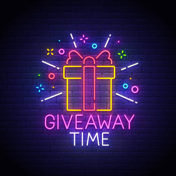 Отдайте неоновую вывеску, яркую вывеску, световое знамя. Неоновый логотип, эмблема. Векторная иллюстрация
