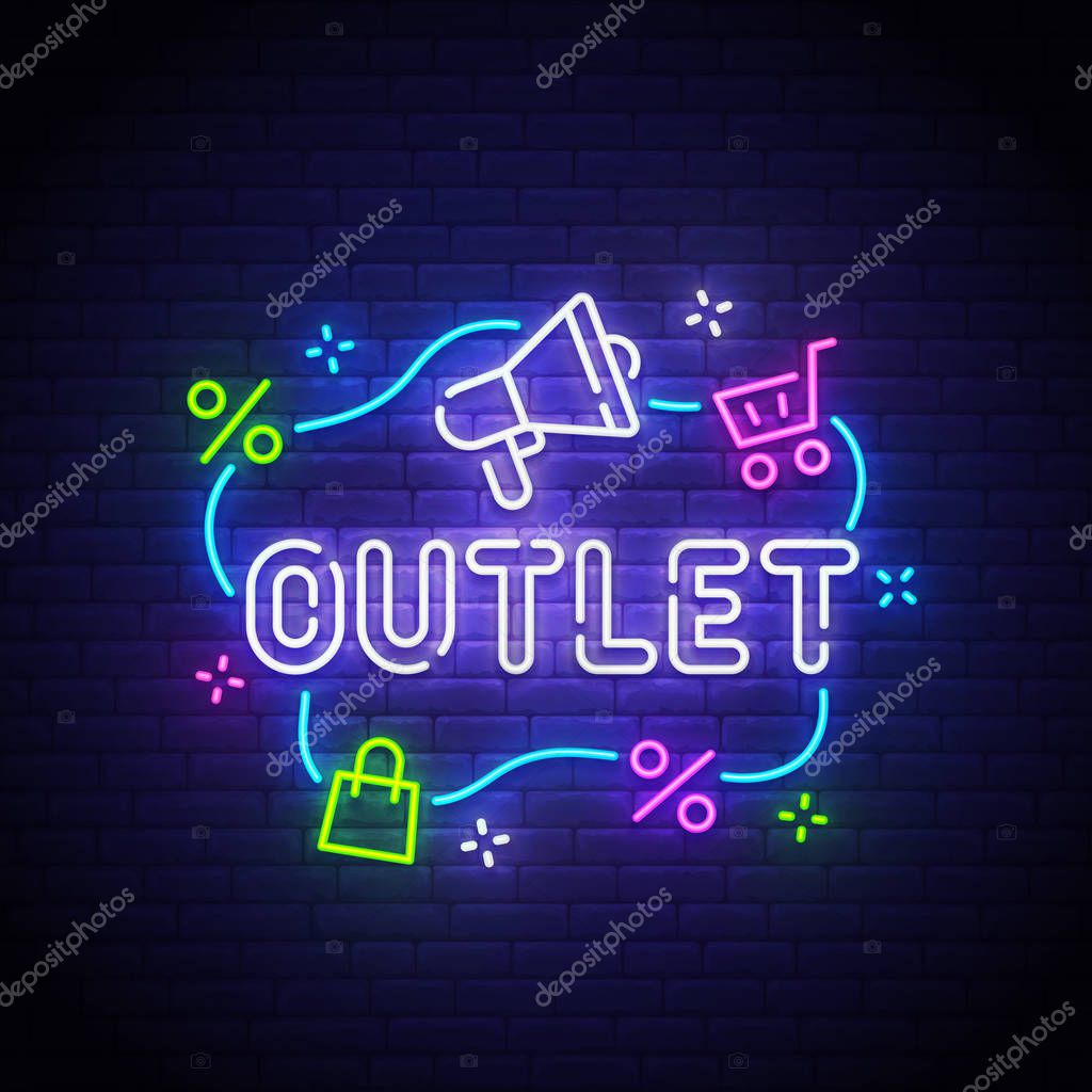 Outlet neon sign, bright signboard, light banner. Outlet logo neon, emblem. Vector illustration.