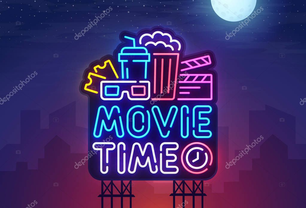 Night city. Sign neon. Cinema billboard. Bright signboard, light banner. Cinema logo. Vector illustration