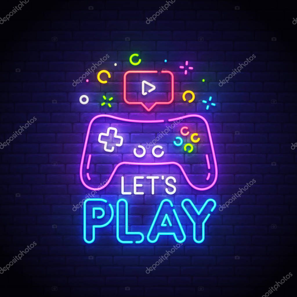 Let's Play neon sign, bright signboard, light banner. Game  logo neon, emblem. Vector illustration.