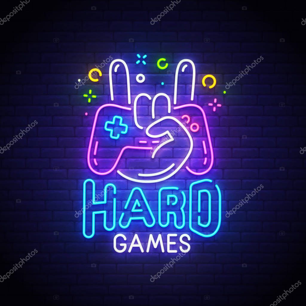 Hard Games neon sign, bright signboard, light banner. Game logo neon, emblem. Vector illustration.