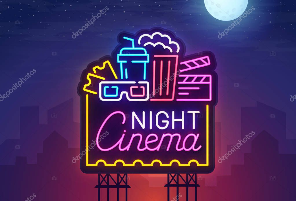Night city. Sign neon. Cinema billboard. Bright signboard, light banner. Cinema logo. Vector illustration