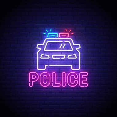 Polis neon işareti, parlak tabela, ışık afişi. Polis logosu neon, amblem. Vektör çizimi