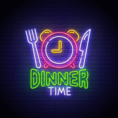 Akşam yemeği zaman Neon işareti, parlak tabela, ışık afiş. Akşam yemeği logosu Neon, amblem. Vektör Illustration