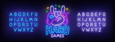 Hard Game neon işareti, parlak tabela, ışık afiş. Oyun logosu, amblemi ve etiketi. Neon işareti yaratıcısı. Neon metin edit