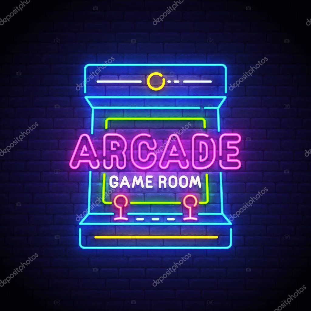 Arcade Games neon sign, bright signboard, light banner. Game logo neon, emblem. Vector illustration.
