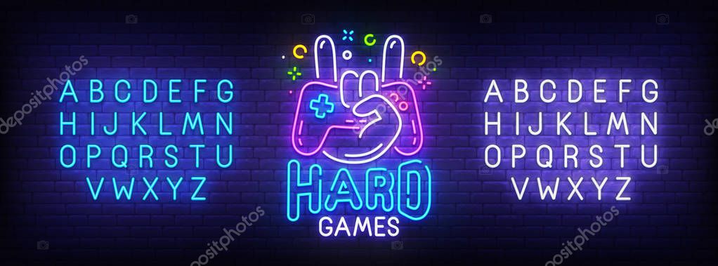 Hard Game neon sign, bright signboard, light banner. Game logo, emblem and label. Neon sign creator. Neon text edit.