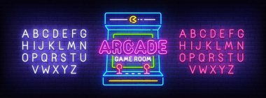 Arcade Oyunları neon işareti, parlak tabela, ışık afiş. Oyun logosu, amblemi ve etiketi. Neon işareti yaratıcısı. Neon metin edit