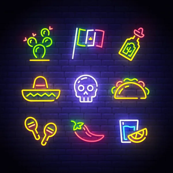 Mexické ikony. Ikona z Cinco de Mayo. Mexiko neonové znamení. Kaktusy, vlajka Mexika, Tequila, Mexická čepice, lebka, Taco, maracas, chilli, záběr. Vektorová ilustrace — Stockový vektor