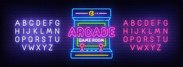 Arcade παιχνίδια πινακίδα νέον, φωτεινή πινακίδα, φως πανό. Λογότυπο του παιχνιδιού, έμβλημα και ετικέτα. Δημιουργός του νέον. Επεξεργασία κειμένου με νέον — Διανυσματικό Αρχείο