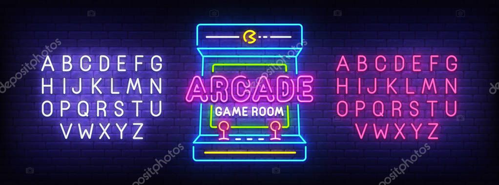 Arcade Games neon sign, bright signboard, light banner. Game logo, emblem and label. Neon sign creator. Neon text edit.