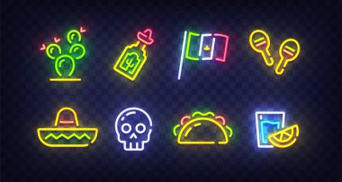 Cinco De Mayo simgeleri. Meksikalı simge. Cinco De Mayo neon işareti. Kaktüs, Bayrak Meksika, Tekila, Meksika şapka, Kafatası, Taco, Maracas, Chilli, Shot simgesi. Vektör İllüstrasyonu