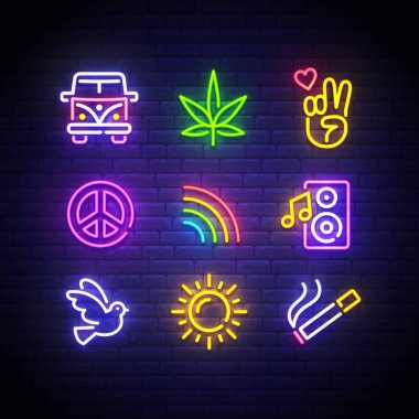 Hippi simgeleri ayarlayın. Hippi neon işareti. Parlak tabela, ışık afişi. Neon izole simge, amblem. Hippi araba, Esrar, Zafer el, Pasifik, Gökkuşağı, Dünya, Güneş