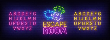 Quest Room neon işareti, parlak tabela, ışık afiş. Escape Room logosu, amblemi ve etiketi. Neon işareti yaratıcısı. Neon metin edit