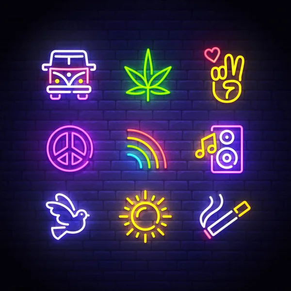 Icone hippie impostate. Hippie neon segno. Cartello luminoso, striscione luminoso. Icona isolata al neon, emblema. Hippie car, Cannabis, Mano della vittoria, Pacifico, Arcobaleno, Mondo, Sole — Vettoriale Stock