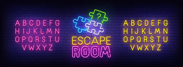 Quest szoba neon-jel, fényes jelzőtábla, könnyű banner. Escape Room logó, embléma és a címkét. Neon-jel alkotója. Neonszöveg szerkesztés — Stock Vector