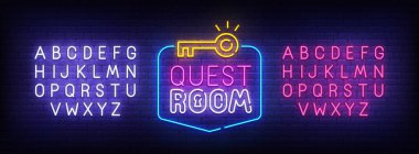 Quest Room neon işareti, parlak tabela, ışık afiş. Escape Room logosu, amblemi ve etiketi. Neon işareti yaratıcısı. Neon metin edit