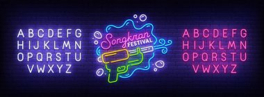 Songkran neon ışığı, parlak tabela, hafif pankart. Songkran logosu, amblemi ve etiketi. Neon tabela yaratıcısı. Neon metin düzenleyici