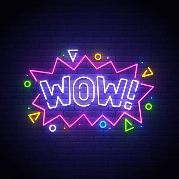 Wow neon sign, bright signboard, light banner. Wow neon, emblem. Vector illustration — Stock Vector