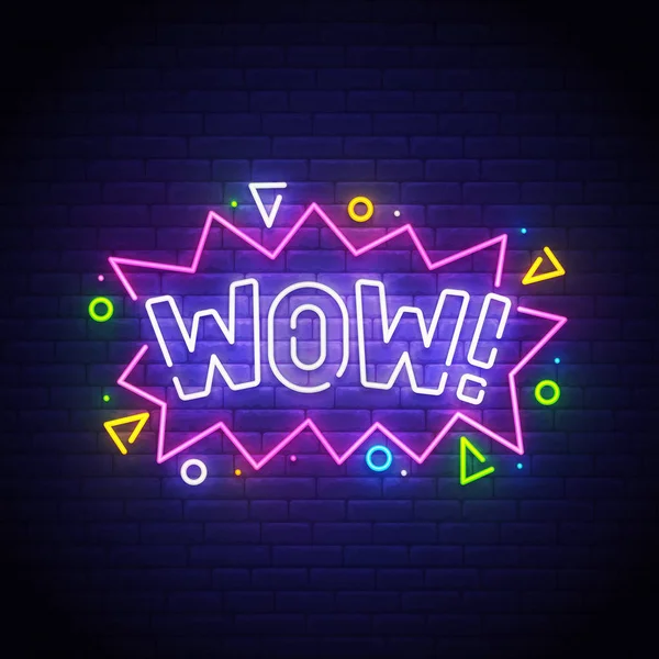 Wow letrero de neón, letrero brillante, banner de luz. Wow neón, emblema. Ilustración vectorial — Vector de stock