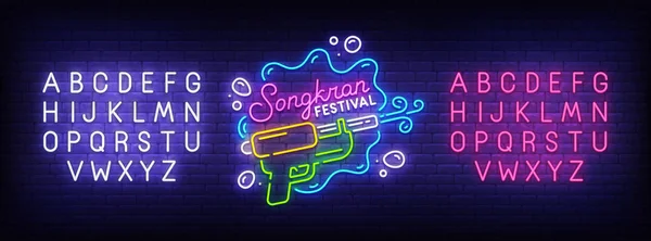 Neonový nápis Songkran, světlý nápis, světlý prapor. Logo, znak a štítek Songkran. Stvořitel neonových znaků. Úprava neonového textu — Stockový vektor