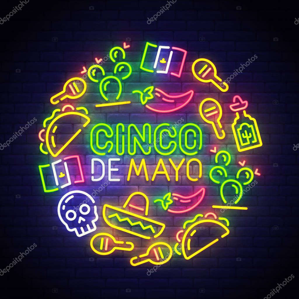 Cinco De Mayo neon sign, bright signboard, light banner. Mexico logo Mexican icons. Icon from Cinco De Mayo.