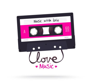 Retro kaset. Vintage müzik kaseti. Mixtape. Müzik albüm kapağı. Slogan aşk müziği