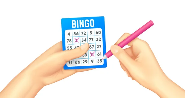 Bingo card in human hands realistic. Lottery card. Bingo gambling games. Isolated vector illustration — Stock Vector