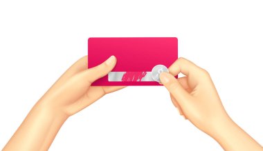 Scratch piyango bileti şablonu. Elleriyle scratch piyango izole. Jackpot şablonu reklam. Piyango paralarını kaşıyan bir el. Gerçekçi vektör illüstrasyon
