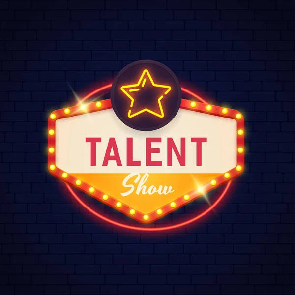 Tanda Pertunjukan Bakat neon. Talent Show tanda cerah. Tampilkan logo, lambang dan label - Stok Vektor