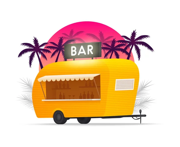 Bar römork açık. Sahil kamyonu. Plaj barı. Sarı kamyon. Vektör çizimi — Stok Vektör