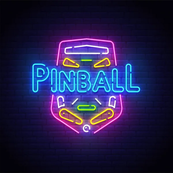 Sinal de néon de pinball, sinalização brilhante, banner de luz. Logotipo Pinball néon, emblema. Ilustração vetorial — Vetor de Stock