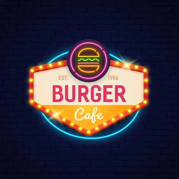 Burger neon işareti. Fast food cafe parlak işareti. Burger cafe logosu, amblemi ve etiketi — Stok Vektör