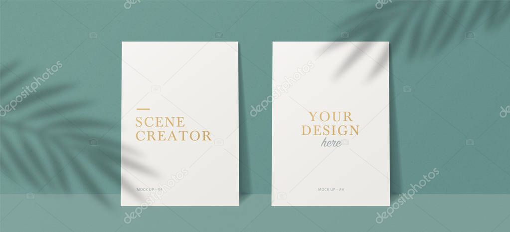 Scene Mockup. A4 format Mockups.  Shadow overlay effects. Leaf Shadows. Vector shadow silhouette effect