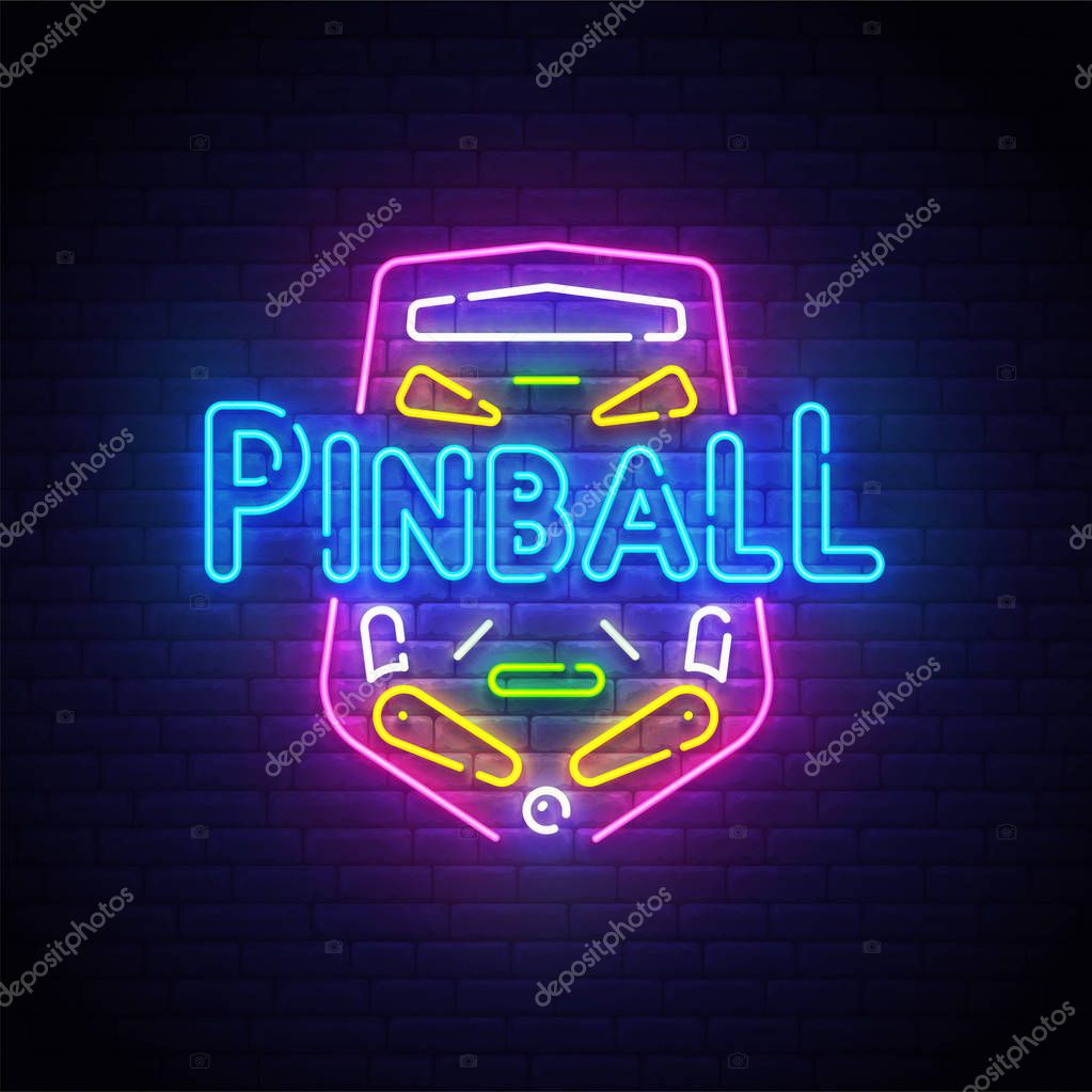 Pinball neon sign, bright signboard, light banner. Pinball logo neon, emblem. Vector illustration.