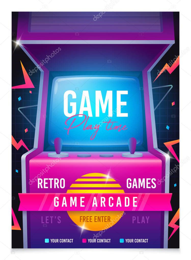 Retro gaming, Game of 80s-90s. Arcade machine. Retro arcade game machine. Play time poster, flyer template. Vector illustration.