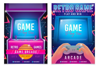 Retro gaming, Game of 80s-90s. Arcade machine. Retro arcade game machine. Play time poster, flyer template. Vector illustration clipart