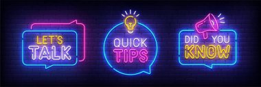 Quote neon sign, bright signboard, light banner. Let's Talk, Quick Tips, Did You Know neon, emblem. Vector illustration clipart