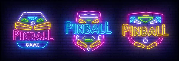 Pinball insegna al neon, cartello luminoso, striscione luminoso. Set logo Pinball neon, emblema. Illustrazione vettoriale — Vettoriale Stock