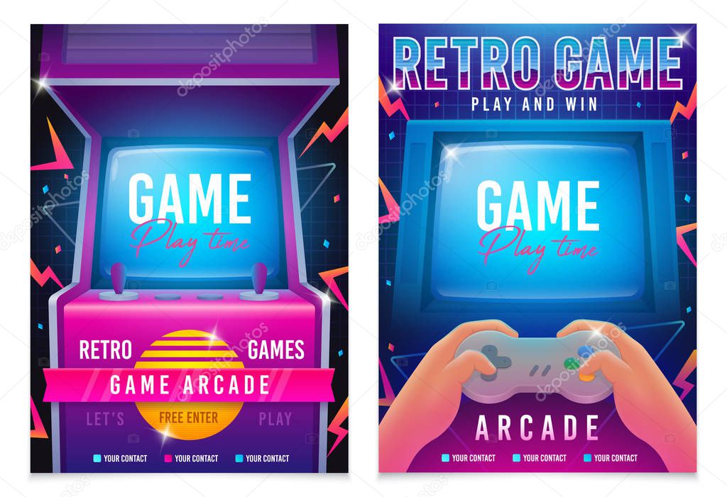 Retro gaming, Game of 80s-90s. Arcade machine. Retro arcade game machine. Play time poster, flyer template. Vector illustration.