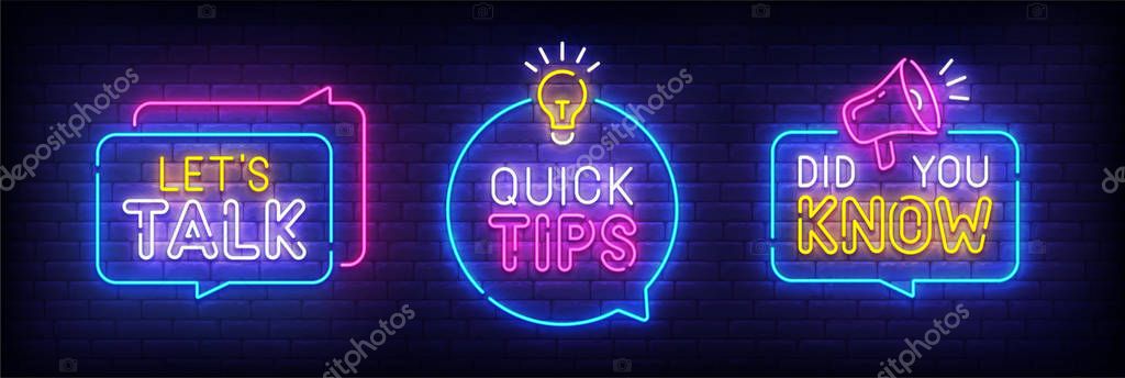 Quote neon sign, bright signboard, light banner. Let's Talk, Quick Tips, Did You Know neon, emblem. Vector illustration.