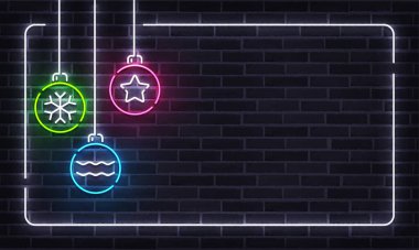2020 Noel ve Mutlu Yıllar tabelası. Noel topları ve neon şablonu. Davetiye tasarımı. 
