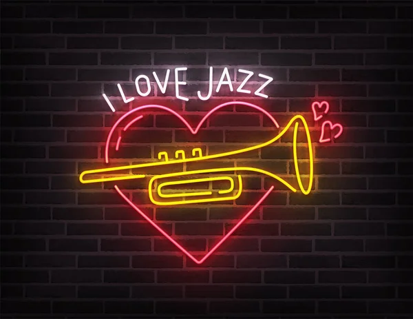 Jazz muziek neon bord, helder uithangbord, lichtbanner. Ik hou van jazz muziek logo neon, embleem. Vectorillustratie — Stockvector