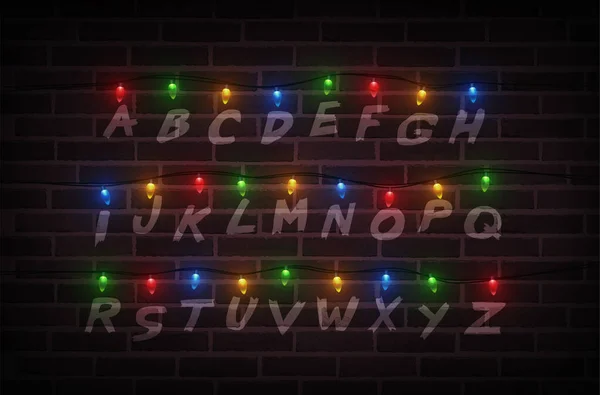 Kerstverlichting op de muur. Licht lettertype. Bloemenslingers. Vector Illustratie — Stockvector